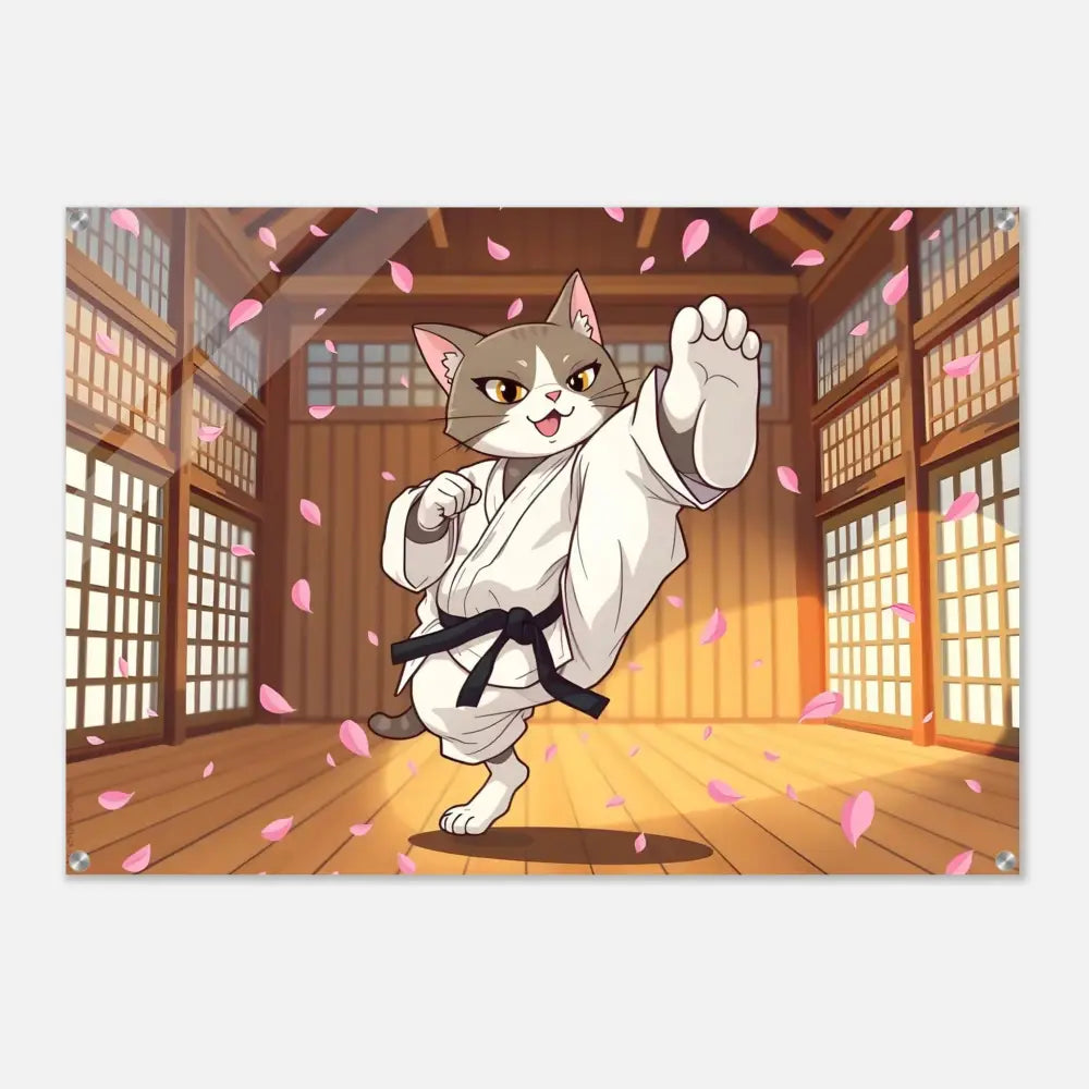 Cartoon cat in karate stance on Acrylic Print Cherry Blossom Showdown by PixiOnyx