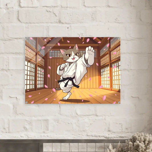 Cartoon cat in karate uniform on Acrylic Print Cherry Blossom Showdown by PixiOnyx