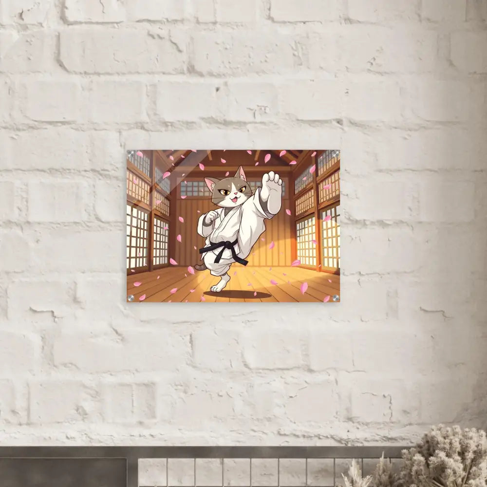 Acrylic print of Karate Cat wall art featuring a Cherry Blossom Showdown design