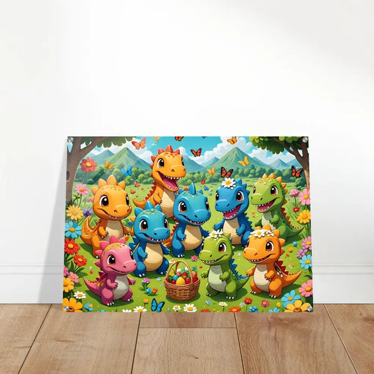 Colorful cartoon dinosaurs with Easter basket on PixiOnyx Crystal Acrylic Print
