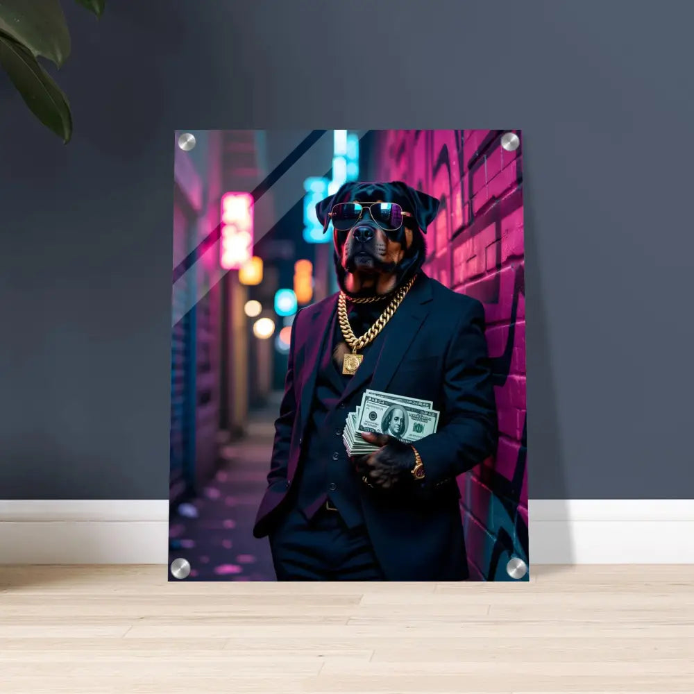 Rottweiler in a suit with money and jewelry for Acrylic Print Kingpin K9 PixiOnyx Neon