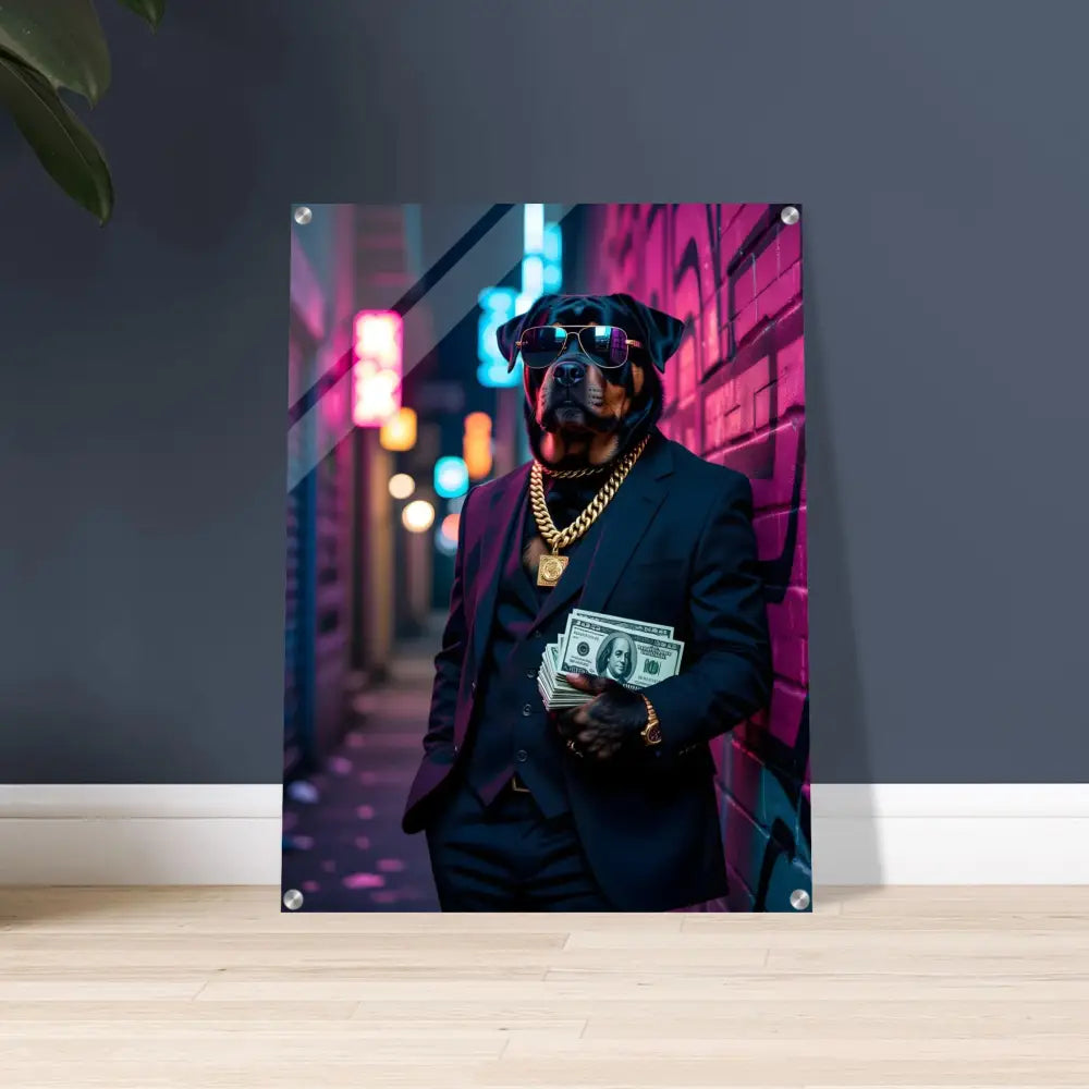 Rottweiler in a suit with money and jewelry for Acrylic Print Kingpin K9 PixiOnyx Neon