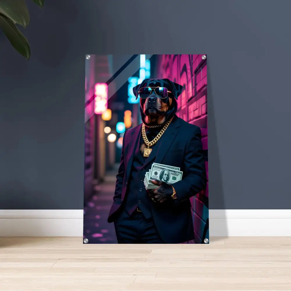 Rottweiler in suit holding money displayed on Acrylic Print Kingpin K9 PixiOnyx Neon