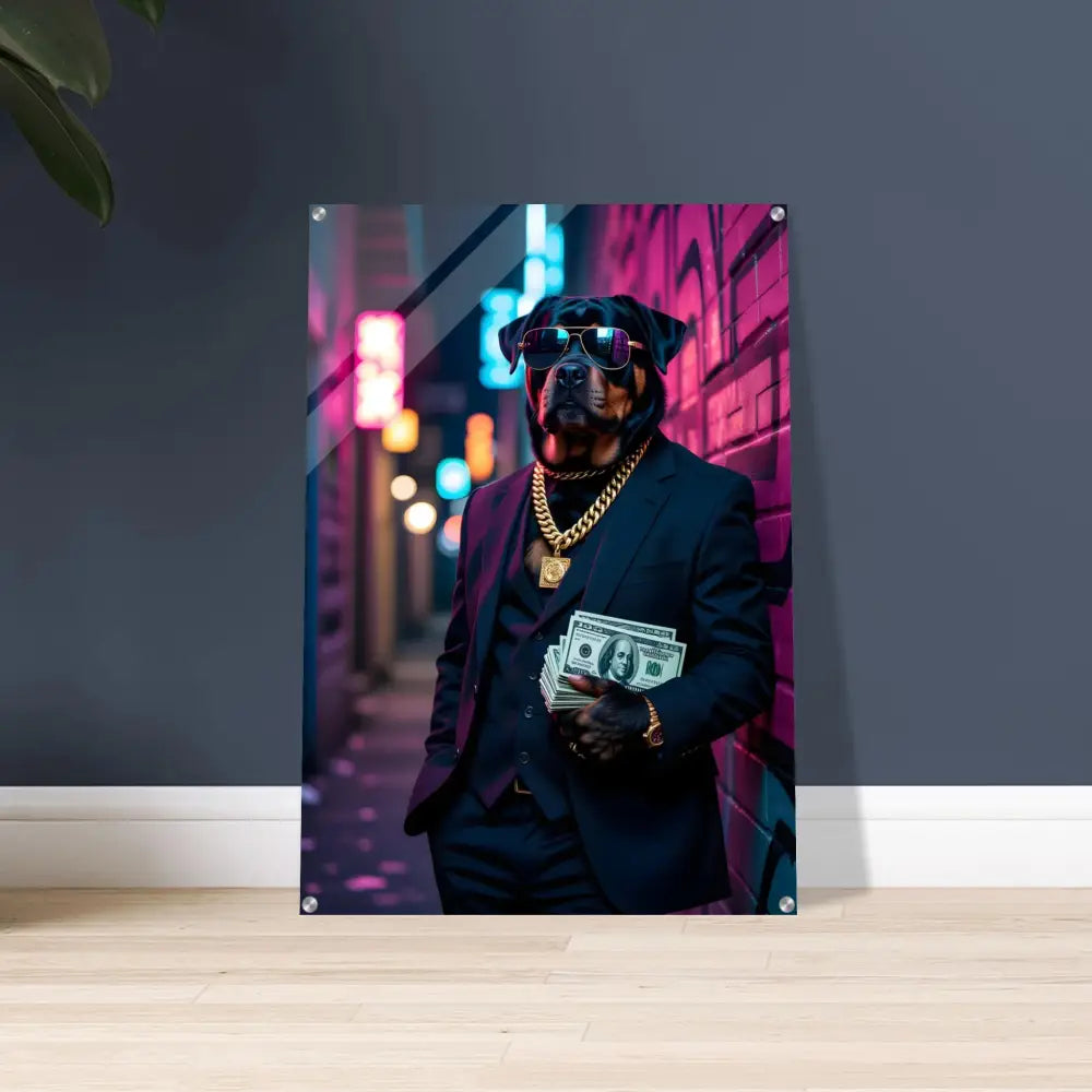 Rottweiler dog in suit with money on Acrylic Print Kingpin K9 PixiOnyx Neon Precision