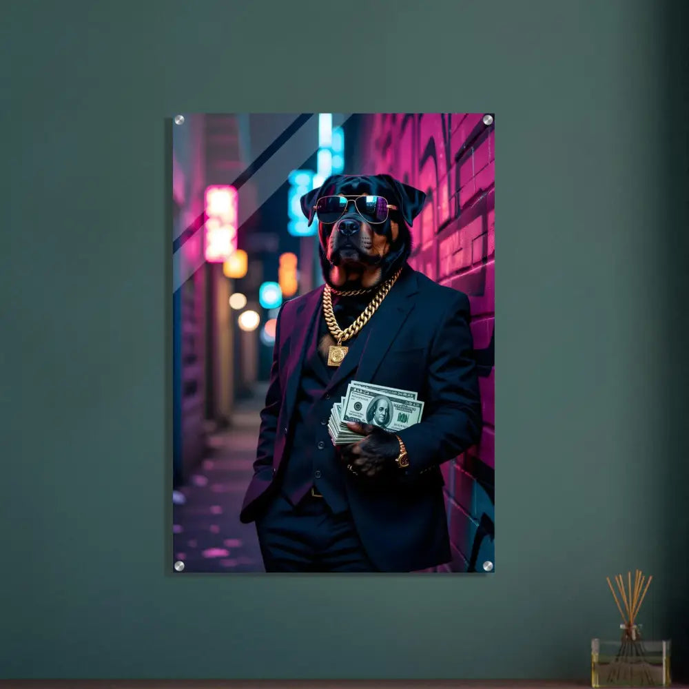 Rottweiler in suit holding money displayed on Acrylic Print Kingpin K9 PixiOnyx Neon