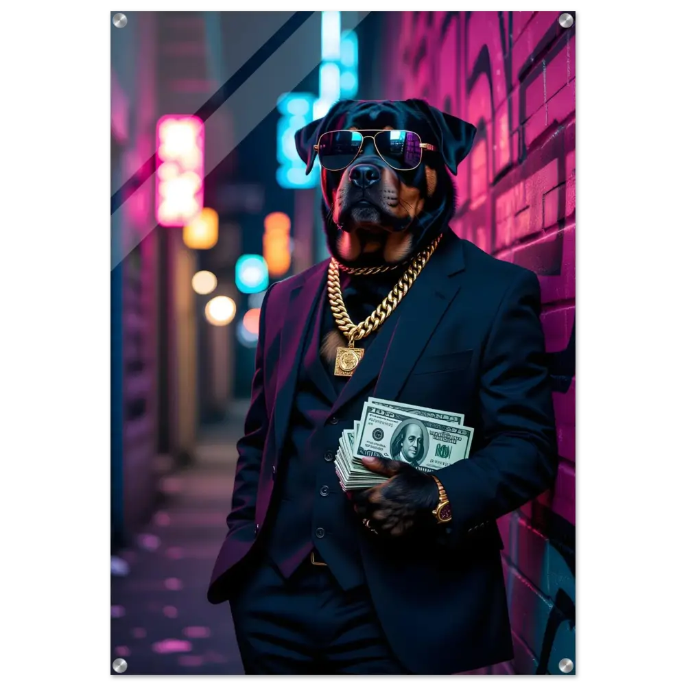 Rottweiler in suit with money and gold chain for Acrylic Print Kingpin K9 PixiOnyx Neon