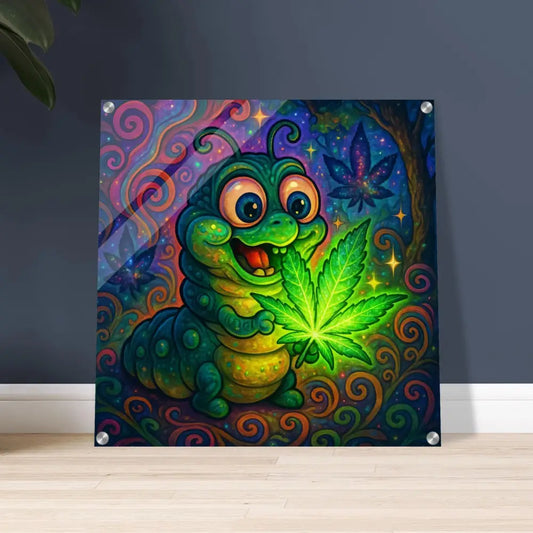 Cartoon caterpillar holding glowing cannabis leaf for Psychedelic Wall Art Acrylic Print