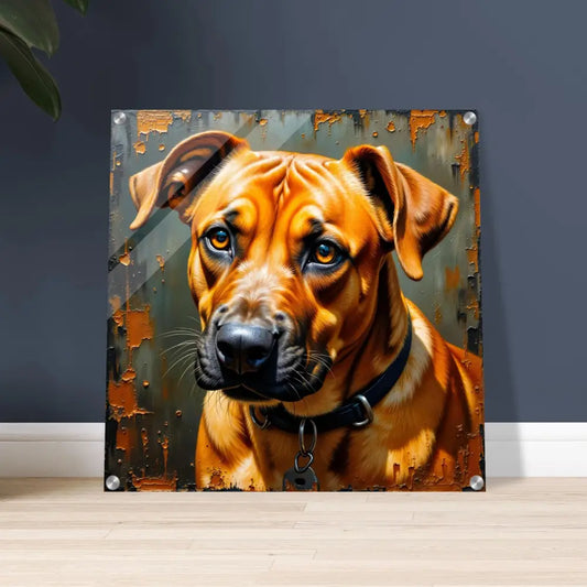 Acrylic print featuring Rhodesian Ridgeback dog portrait with distressed background, glass-like acrylic print adds depth