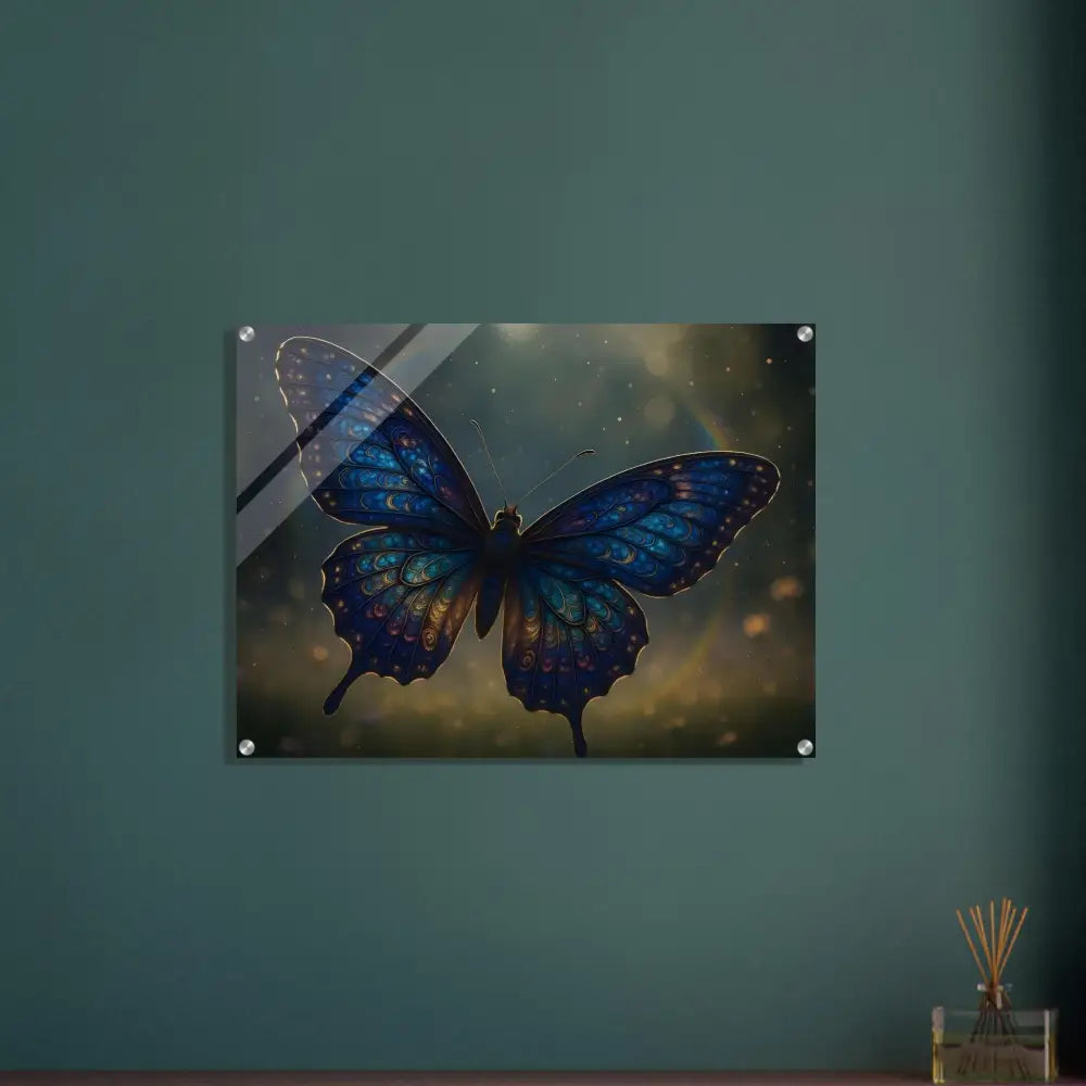 Blue butterfly acrylic wall art displayed in Acrylic Print Luminara Ascend by PixiOnyx Crystal