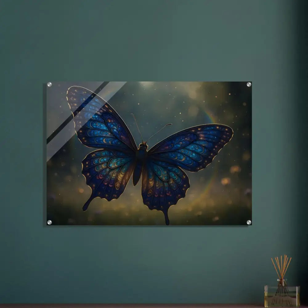 Blue butterfly wall art displayed on Acrylic Print Luminara Ascend by PixiOnyx Crystal Lightform of Nature