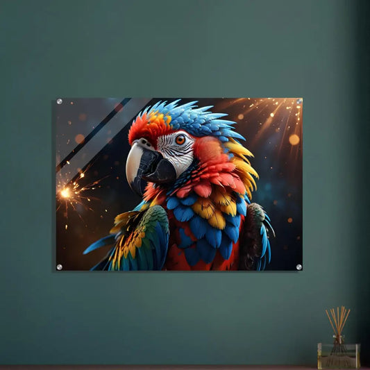 Vibrant Macaw art print on Acrylic Print – Macaw Firelight by PixiOnyx Crystal Burst Panel
