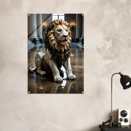 Acrylic print featuring Marble Lion sculpture art in grand hall style