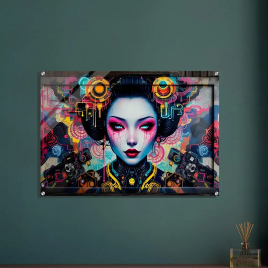 Cyberpunk geisha wall art acrylic print for urban modern decor by PixiOnyx Urban Circuit Icon