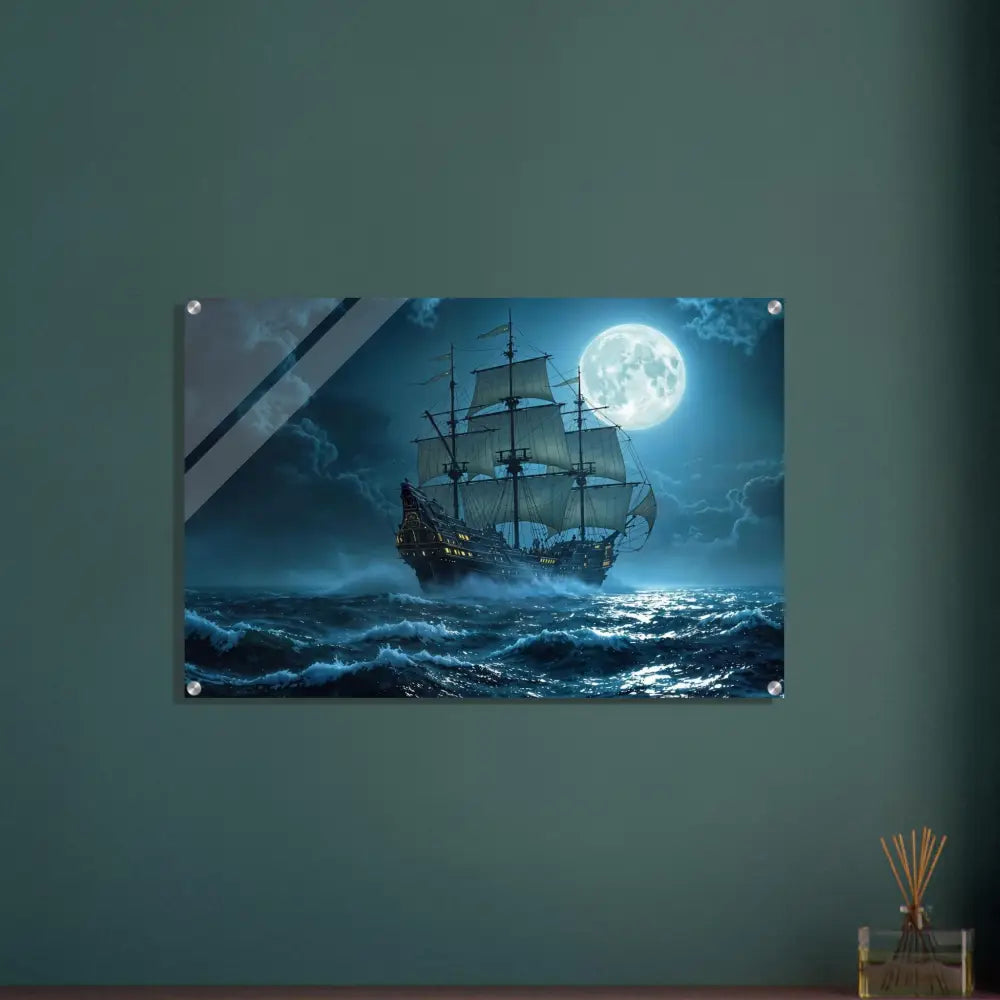 Framed ship painting titled Moonlit Majesty Acrylic Print PixiOnyx Luminous Depths Edition
