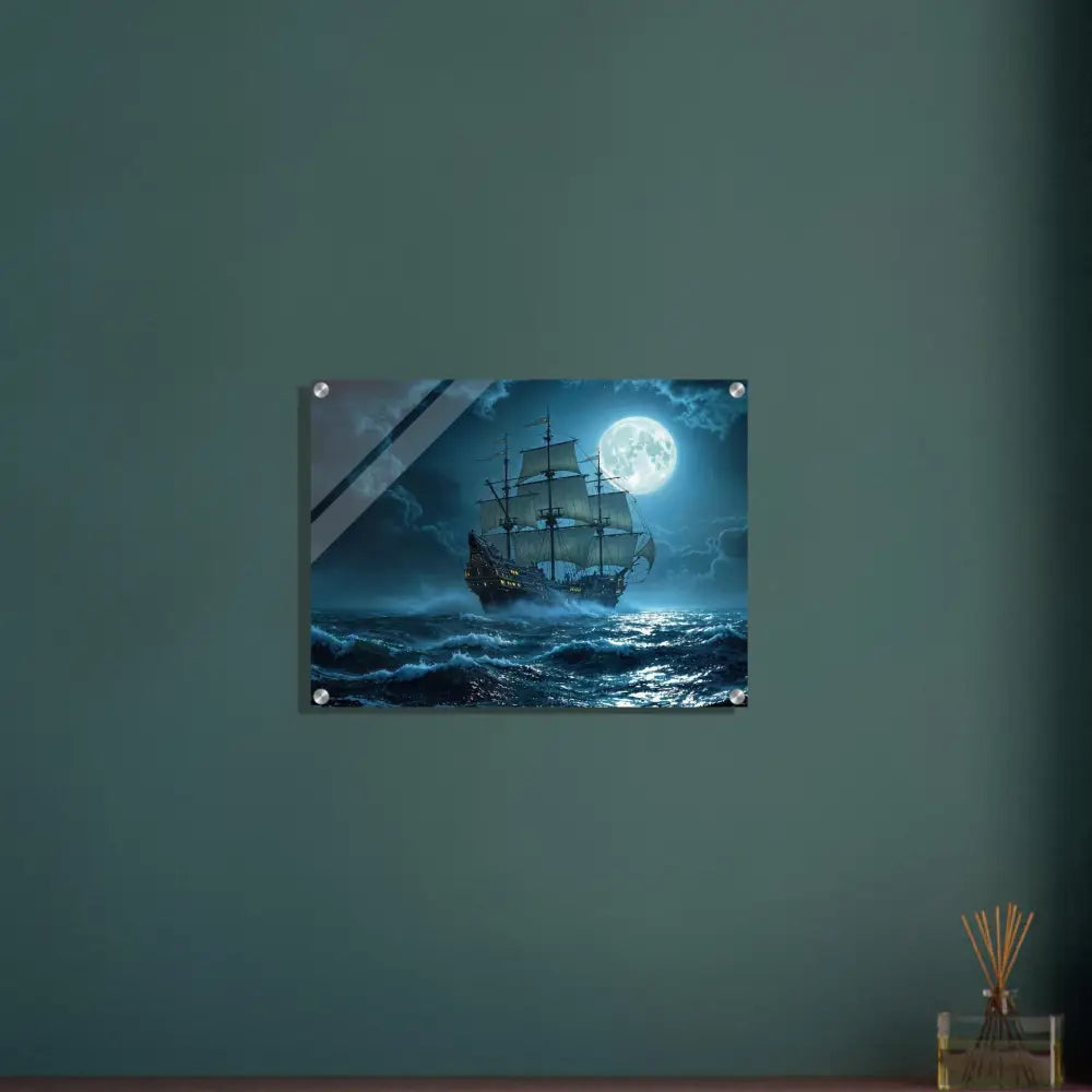Acrylic print of a ship sailing under moonlight in the Moonlit Majesty PixiOnyx Edition