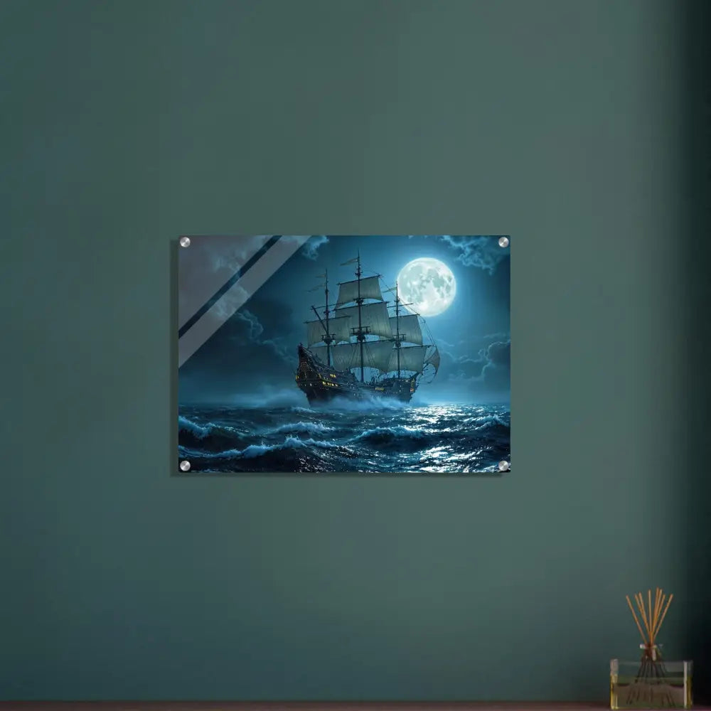 Framed ship sailing under a full moon in the Acrylic Print Moonlit Majesty by PixiOnyx