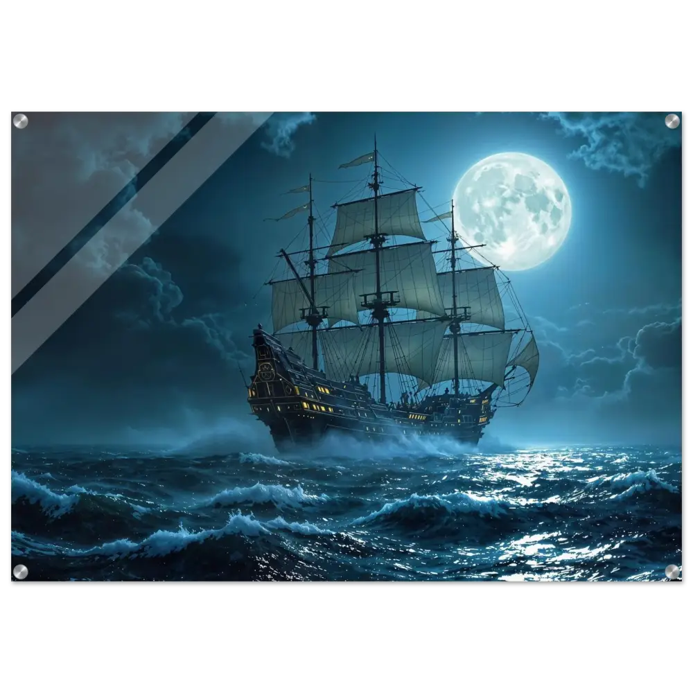 Moonlit galleon sailing depicted in Acrylic Print Moonlit Majesty PixiOnyx Luminous Depths Edition