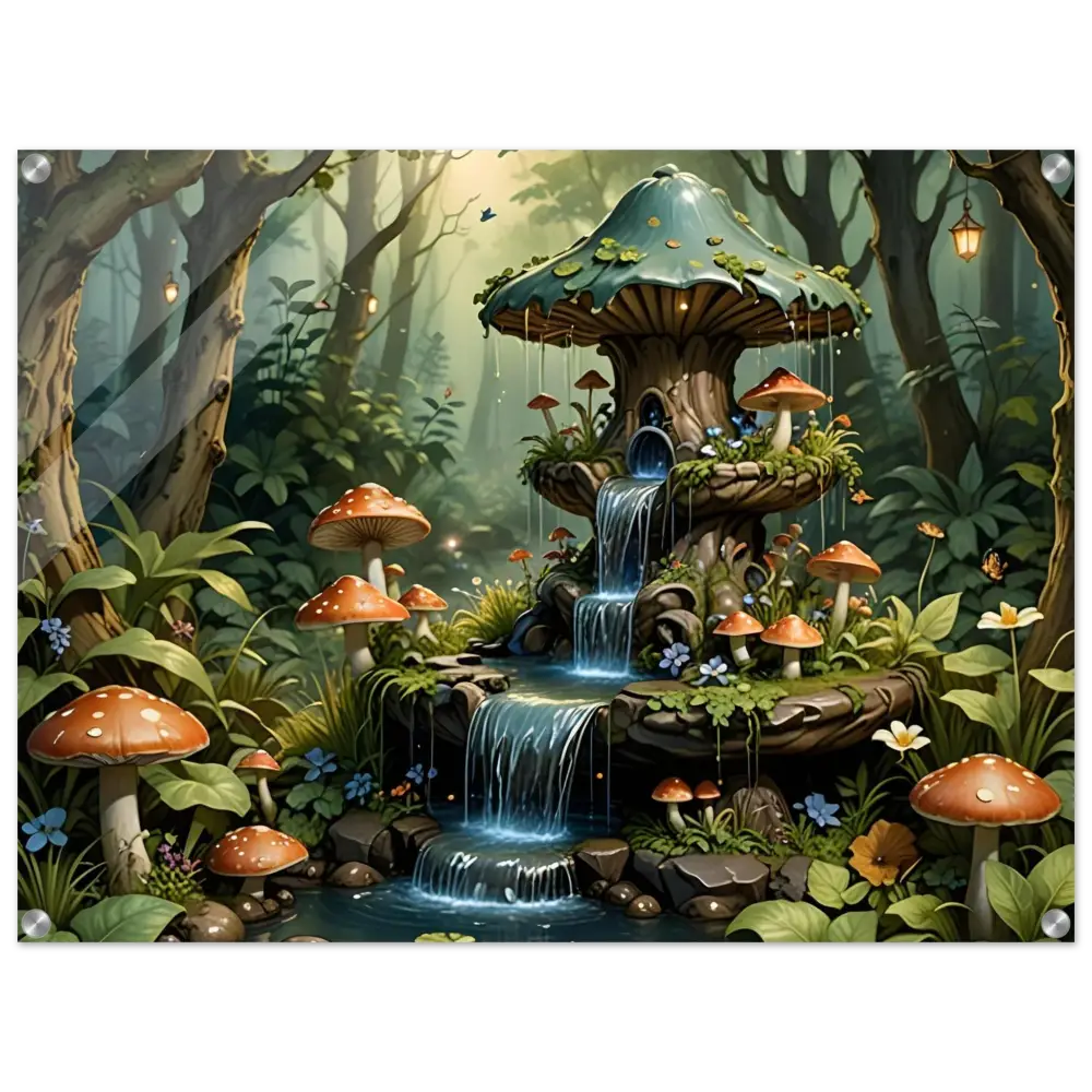 Enchanting mushroom fountain depicted on Acrylic Print Mushroom Cascade Shrine by PixiOnyx