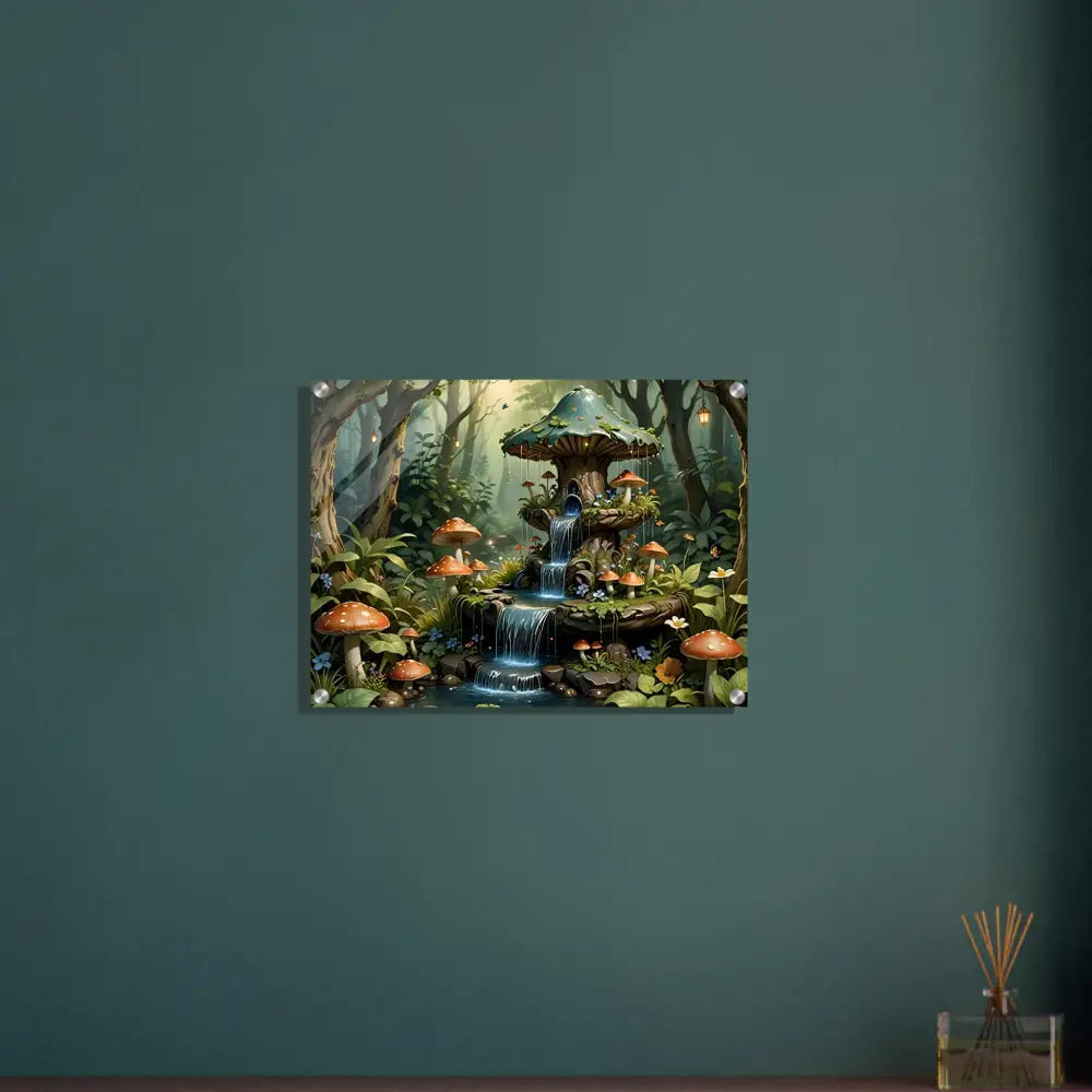 Acrylic print of Mushroom Cascade Shrine featuring mushroom fountain forest artwork
