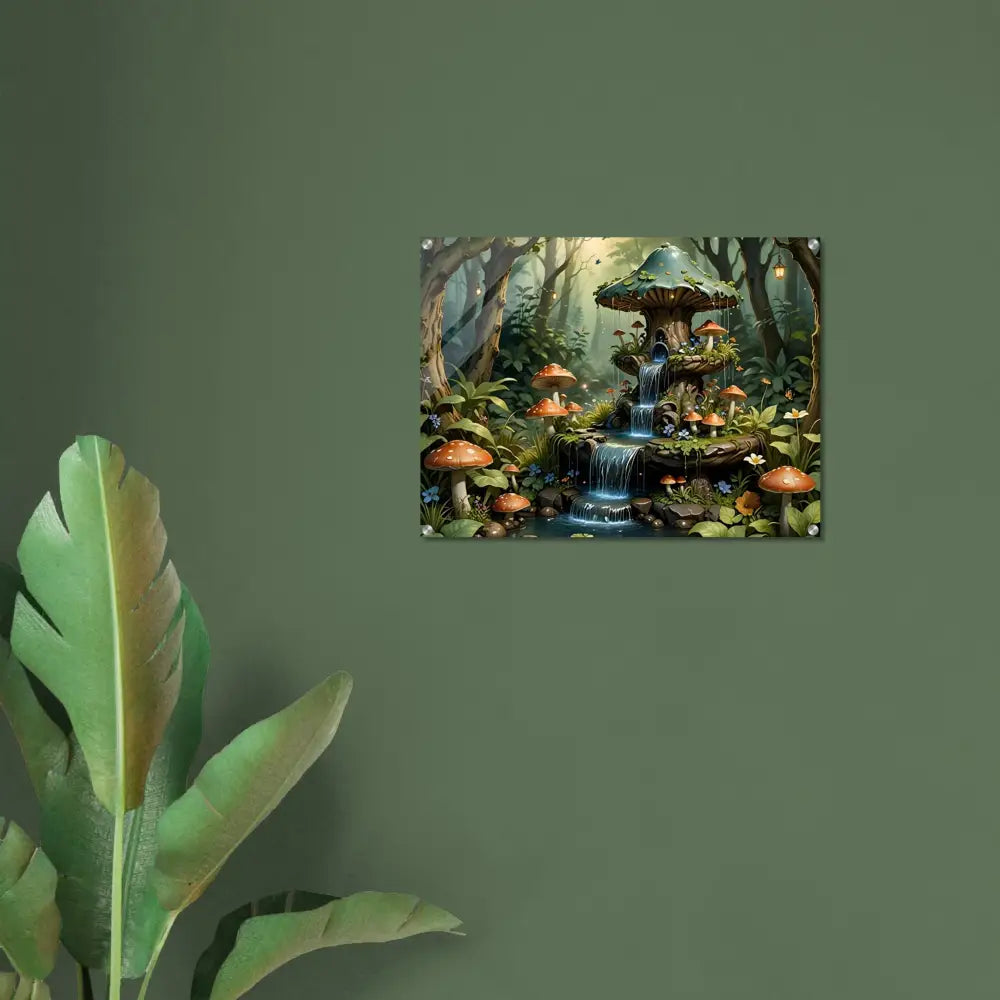 Acrylic print of a mushroom fountain in a magical forest scene for PixiOnyx Crystal Fantasy Fusion