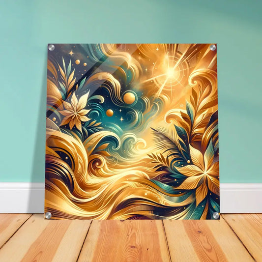 Golden floral abstract art on Acrylic Print Nebula Bloom Cascade PixiOnyx Crystal-Lux Series