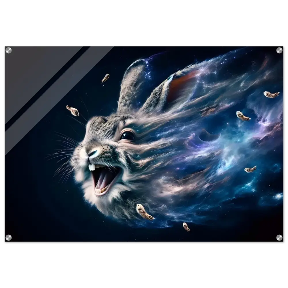 Framed cosmic rabbit art acrylic print from PixiOnyx Crystal Drift Series Nebula Howl