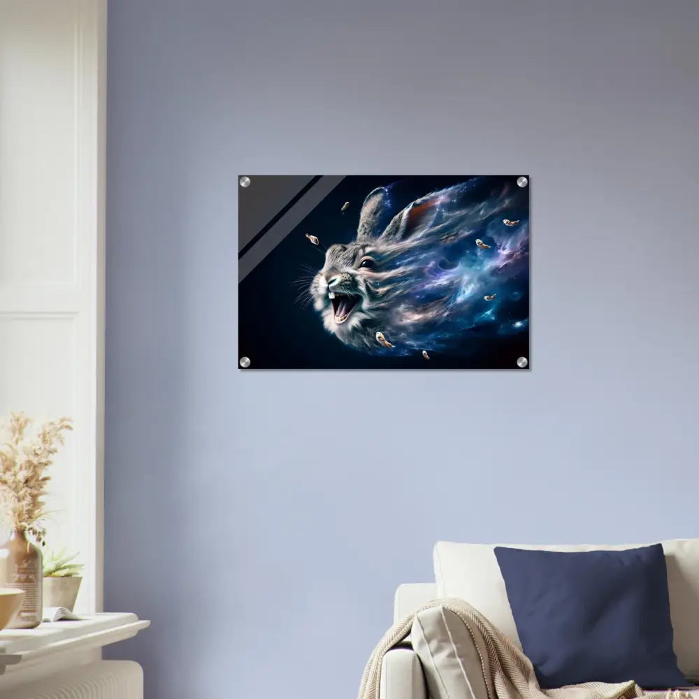 Cosmic rabbit wall art acrylic print from PixiOnyx Crystal Drift Series featuring Nebula Howl