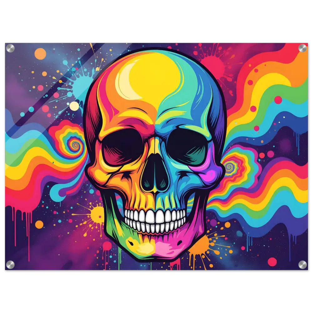 Colorful psychedelic skull acrylic print in neon vibrant abstract art display
