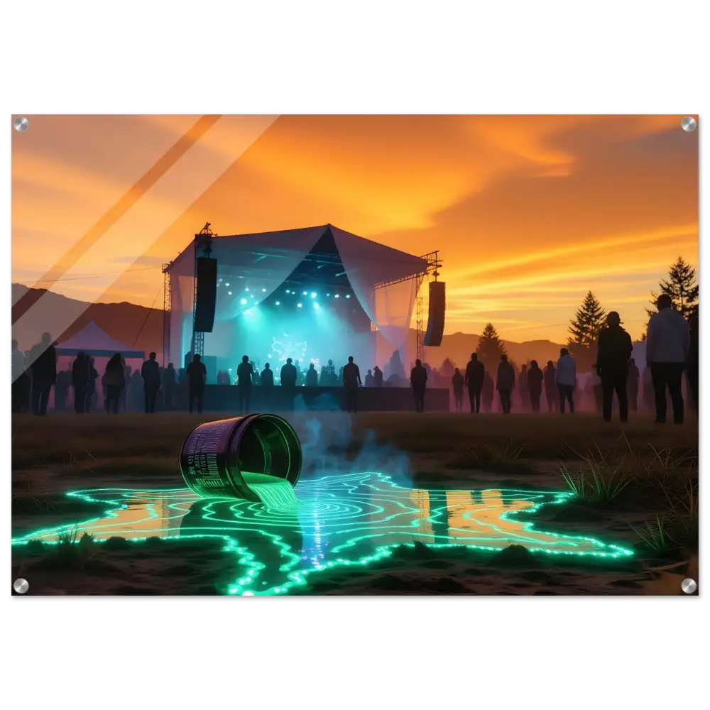 Glowing green liquid spill on PixiOnyx Ultra-Vivid Acrylic Print Neon Spill Festival Art