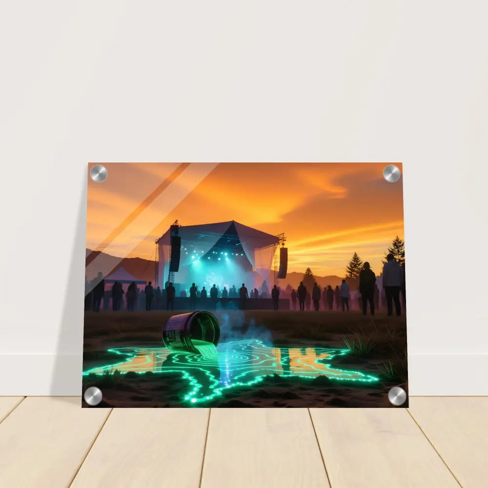 Framed concert scene with spilled neon paint on PixiOnyx Ultra-Vivid Acrylic Print