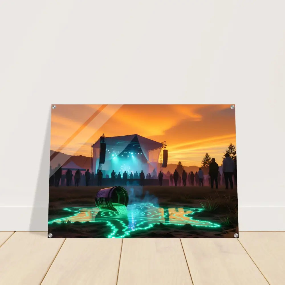 Framed Neon Spill Festival Art Acrylic Print with vibrant spilled neon paint scene