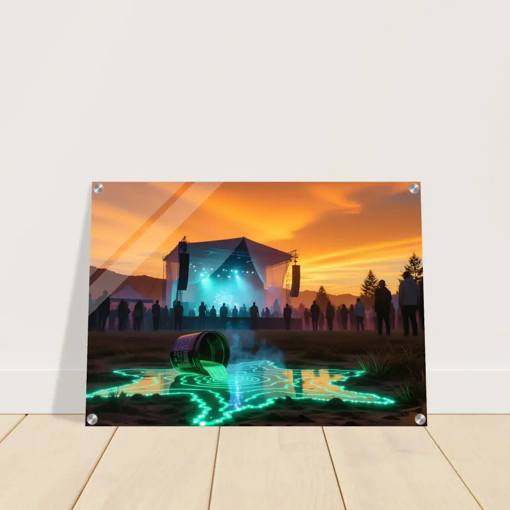 Framed concert scene with vibrant neon spill paint on PixiOnyx Ultra-Vivid Acrylic Print