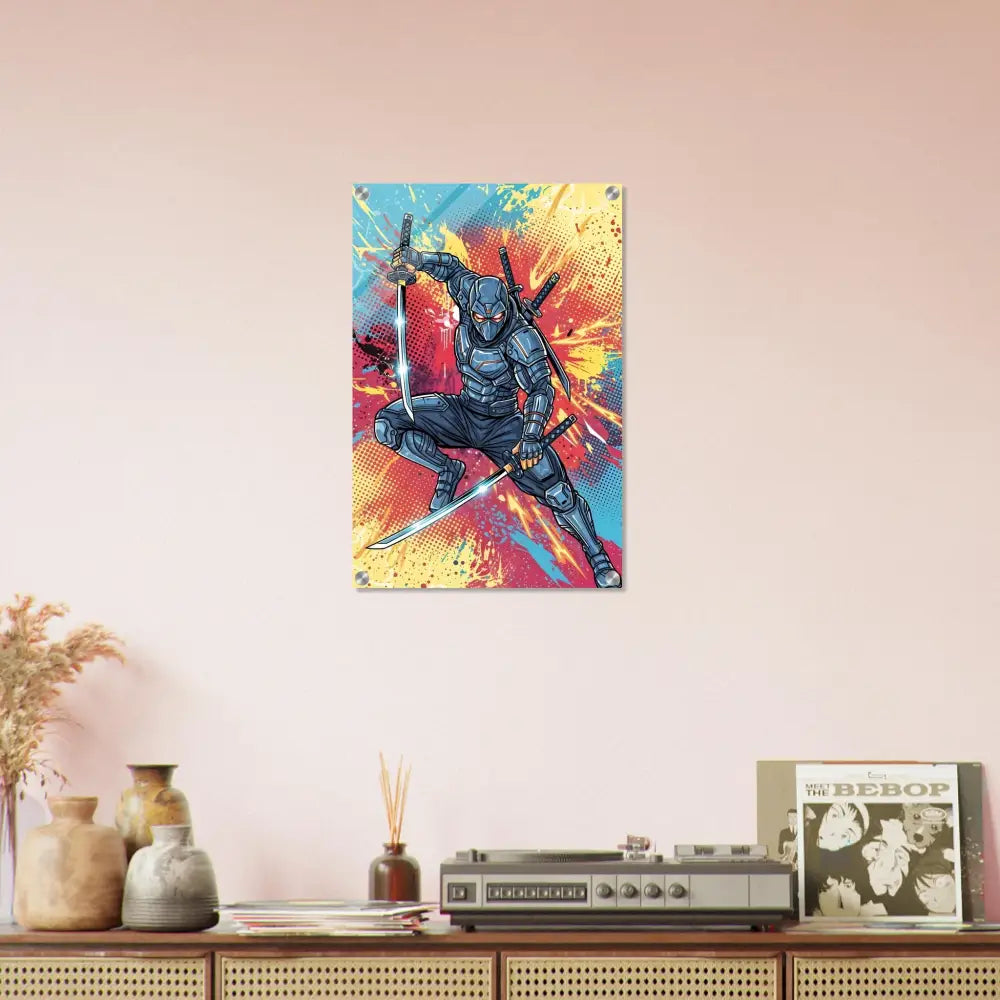 Colorful pop art acrylic print of electrifying ninja clash in PixiOnyx Pop Samurai series