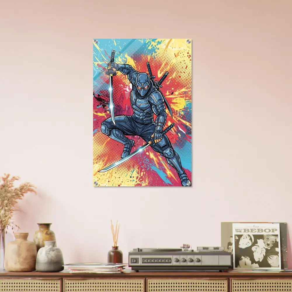 Crystal-clear acrylic amplifies the electrifying ninja clash in PixiOnyx Pop Samurai print