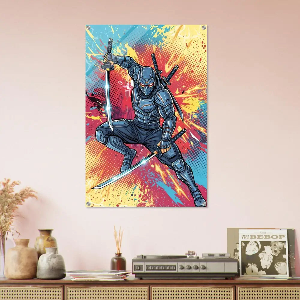 Colorful acrylic print of electrifying ninja clash from PixiOnyx Pop Samurai series