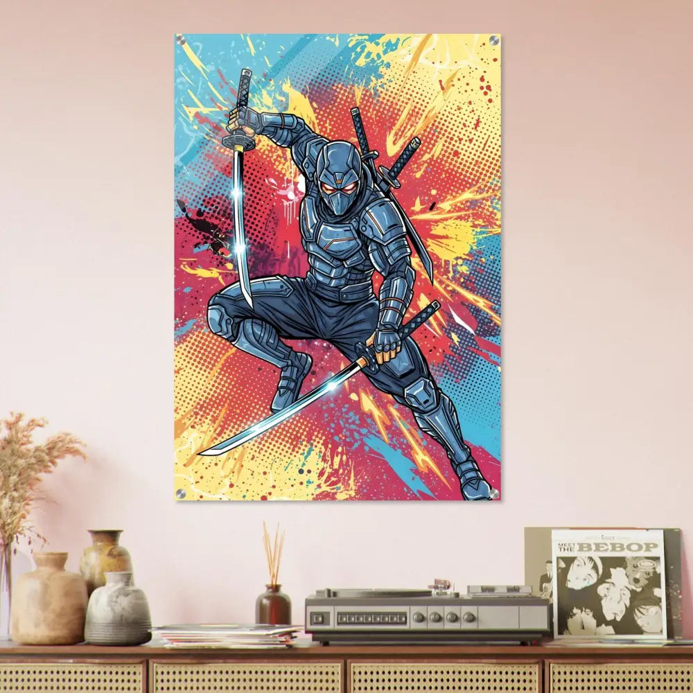 Crystal-clear acrylic amplifies vibrant ninja clash scene in PixiOnyx Pop Samurai print