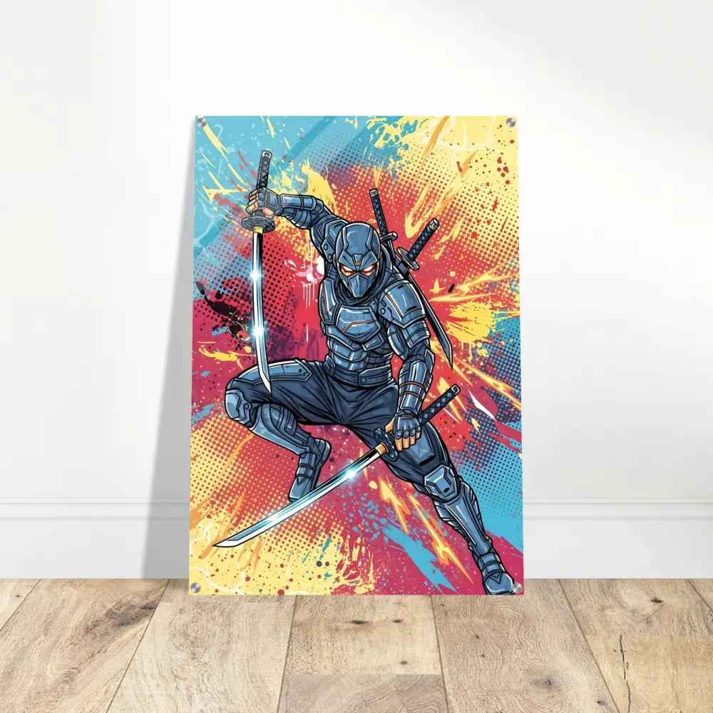 Acrylic Print Ninja Slice features an electrifying ninja clash with glowing swords in vibrant colors