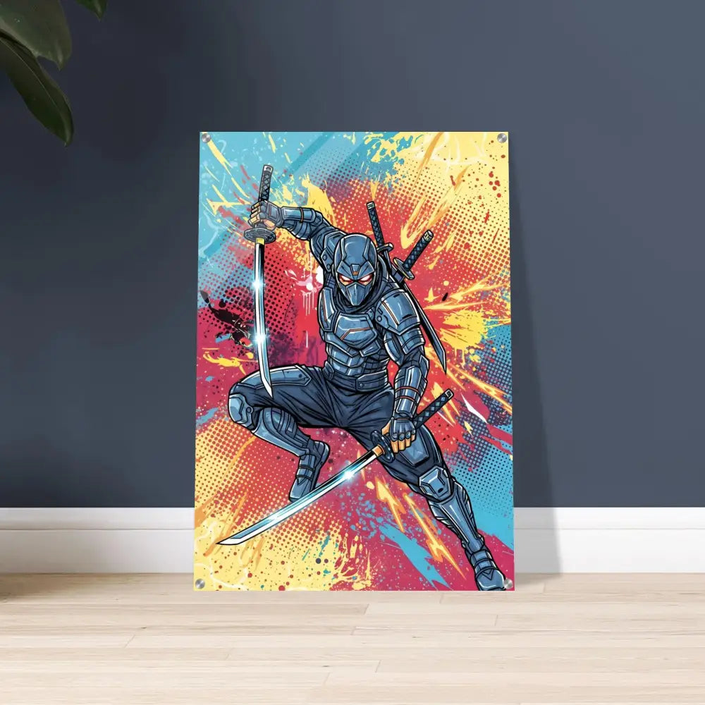 Acrylic print PixiOnyx Pop Samurai features electrifying ninja clash with glowing katanas