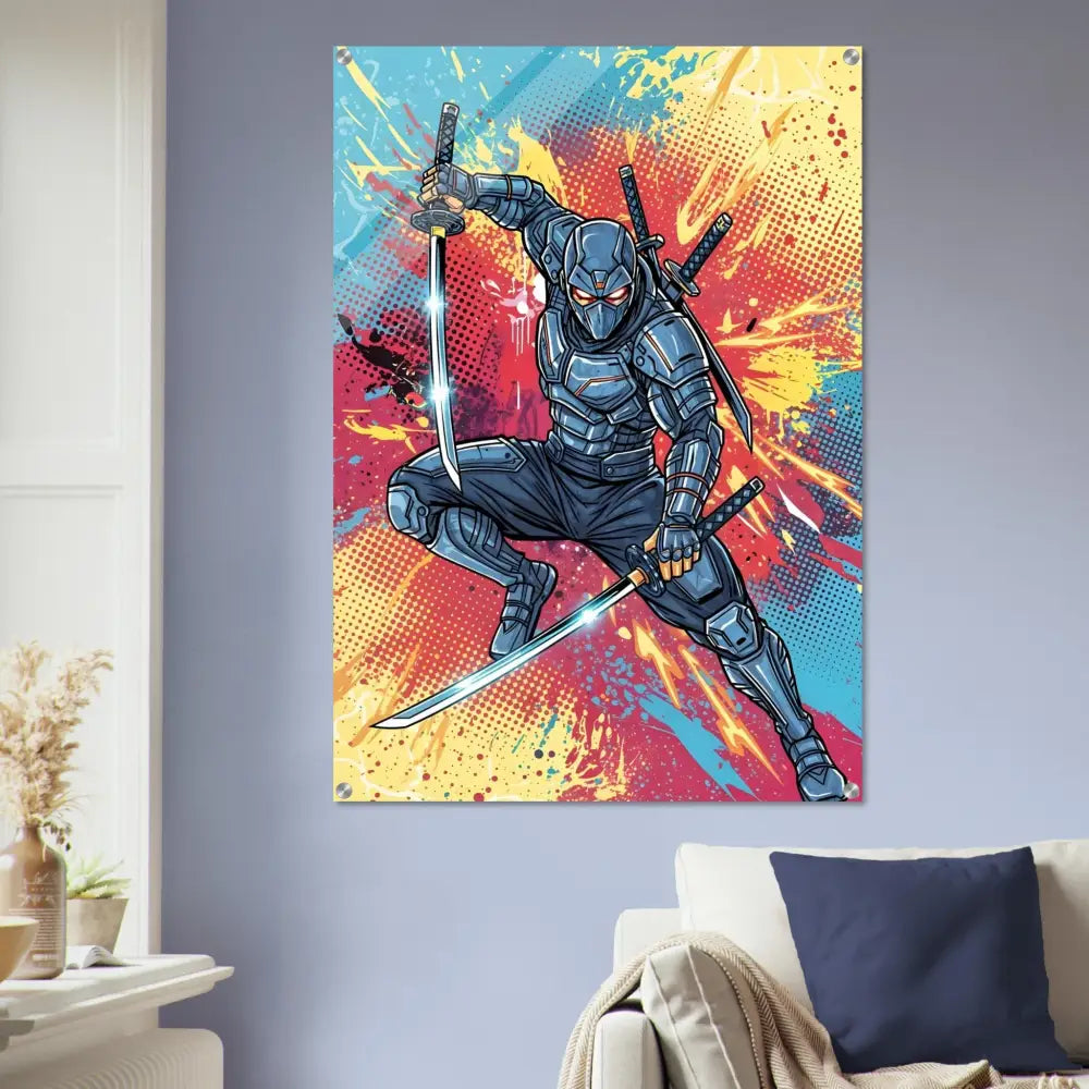 Crystal-clear acrylic amplifies electrifying ninja clash in PixiOnyx Pop Samurai Canvas Print