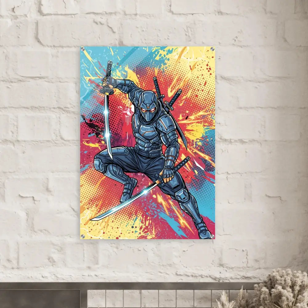 Colorful acrylic print of electrifying ninja clash from PixiOnyx Pop Samurai series