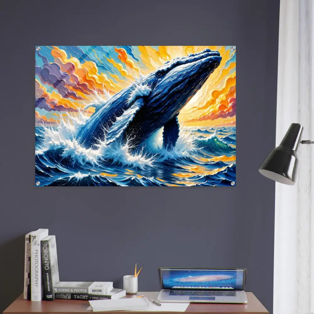 Radiant acrylic print of a whale breaching in turbulent blue waters under a colorful sky