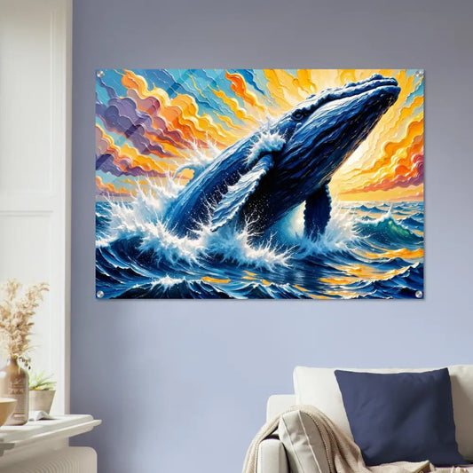 Radiant acrylic print of a blue whale breaching in ocean under colorful sky