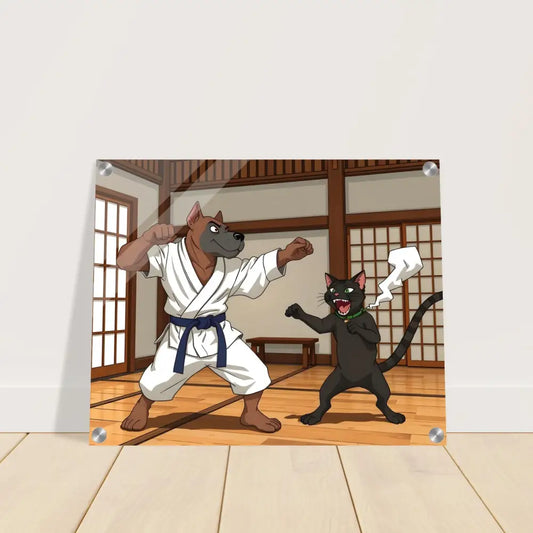 Acrylic print of a karate dog and cat from Paws of Fury Martial Mayhem