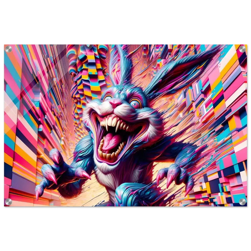 Psychedelic menacing rabbit acrylic print from PixiOnyx Crystal Breakpoint Series