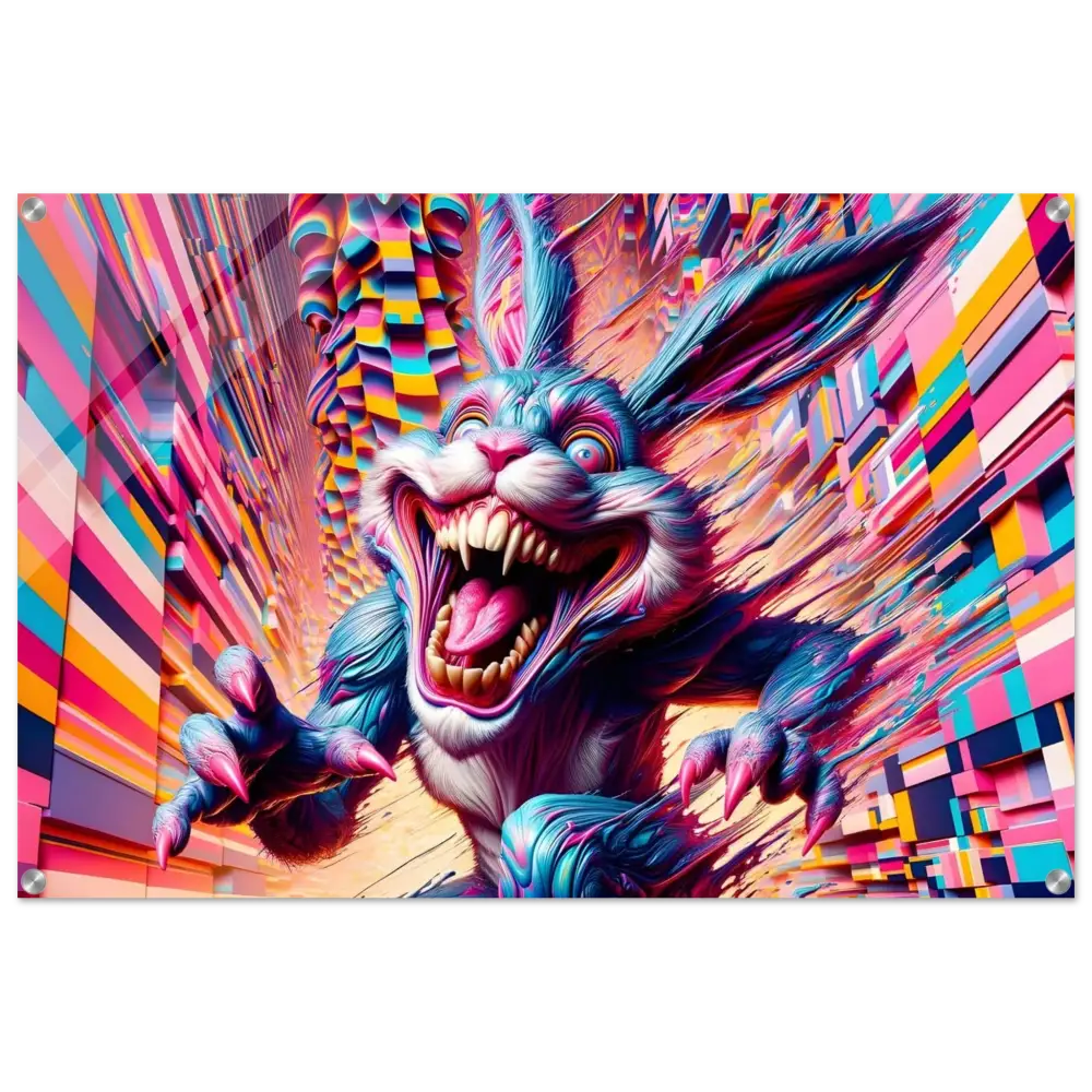 Psychedelic menacing rabbit acrylic print from PixiOnyx Crystal Breakpoint Series