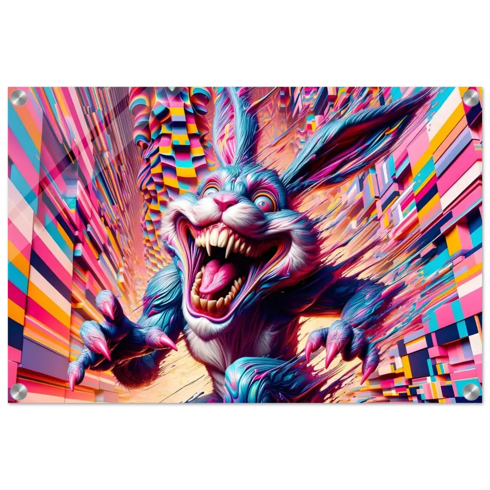 Psychedelic menacing rabbit acrylic print from PixiOnyx Crystal Breakpoint Series