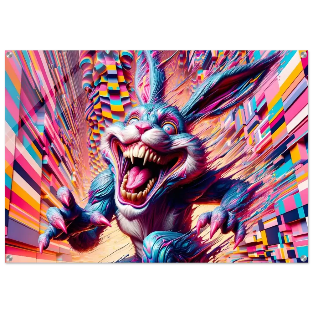 Psychedelic menacing rabbit acrylic print from PixiOnyx Crystal Breakpoint Series