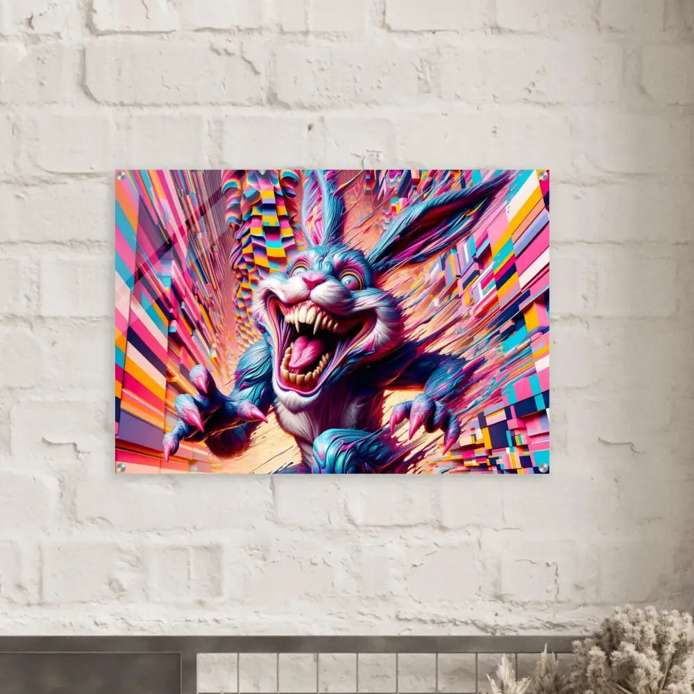 Colorful menacing rabbit art acrylic print from PixiOnyx Crystal Breakpoint Series
