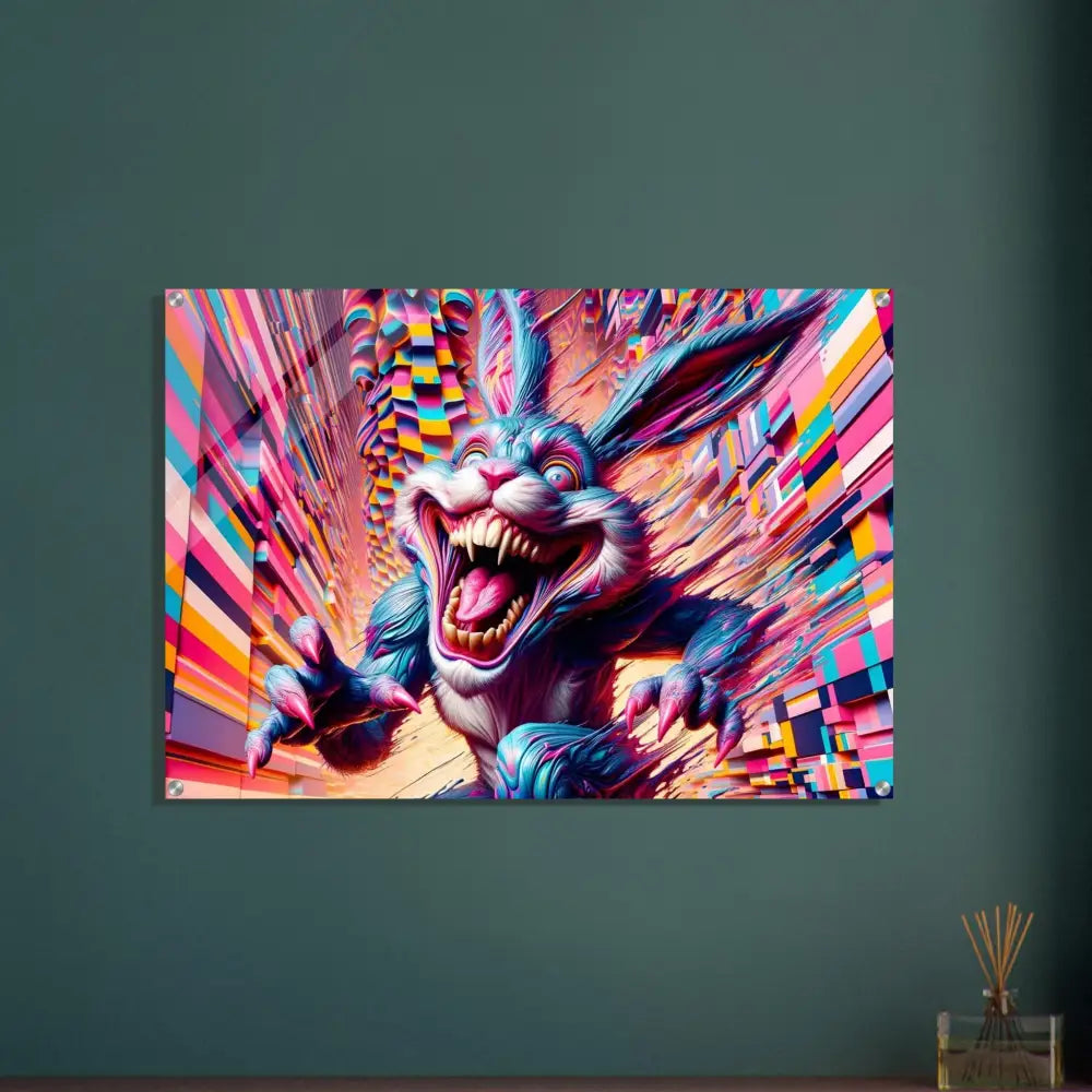 Colorful menacing rabbit artwork on Acrylic Print Pixel Panic Psycho Cottontail Quartet
