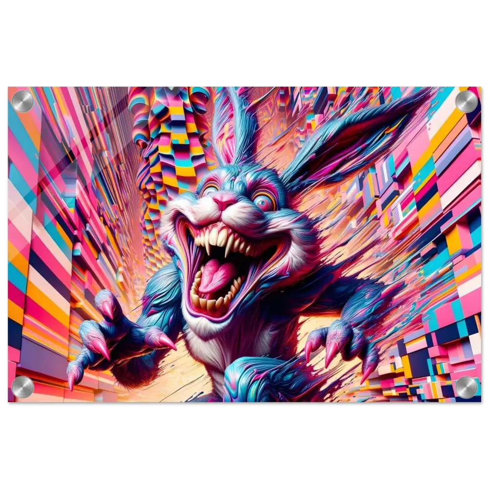 Psychedelic menacing rabbit acrylic print from PixiOnyx Crystal Breakpoint Series